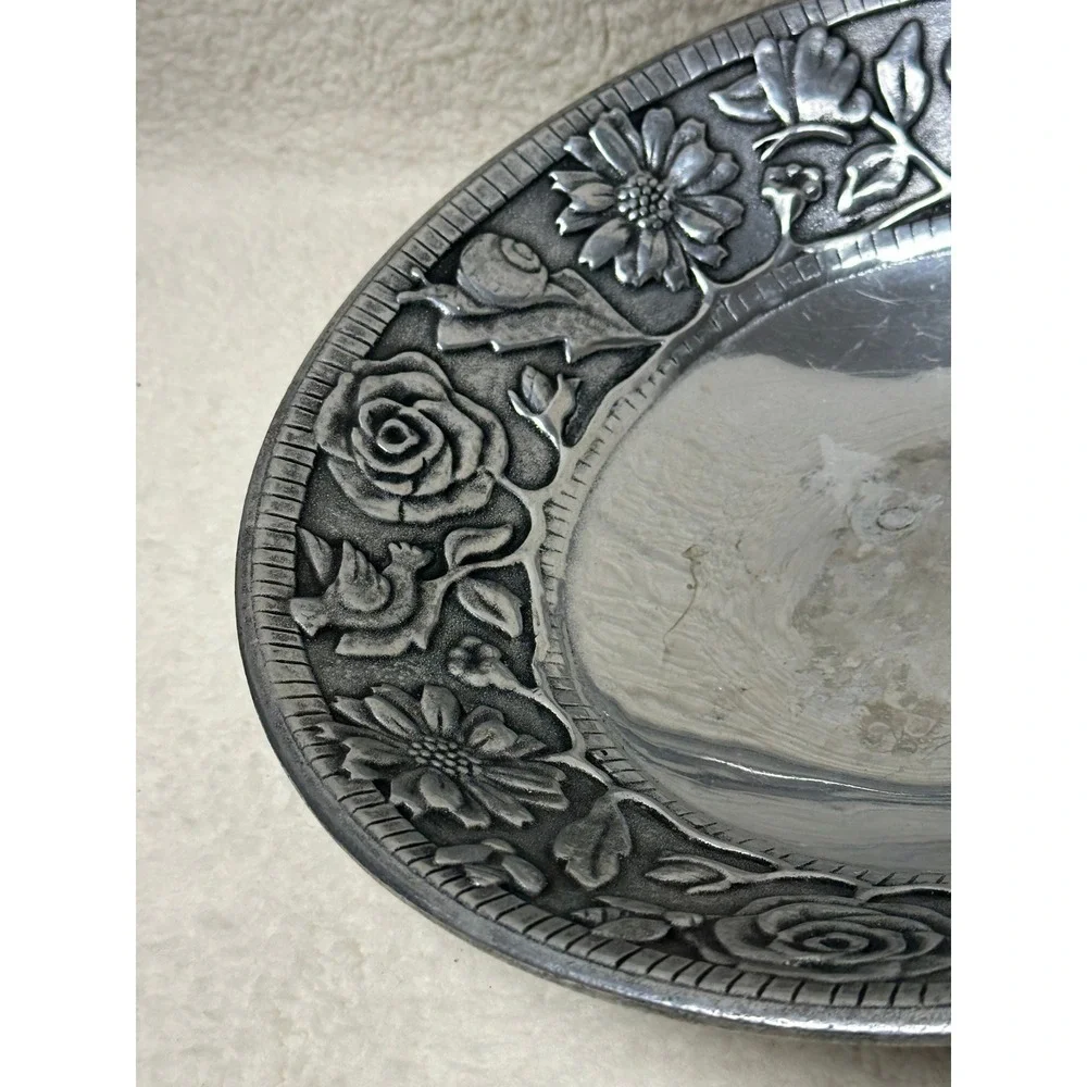 The Wilton Co. Decorative Bowl Silver Floral Embossed Pewter Style 12 Inch Round
